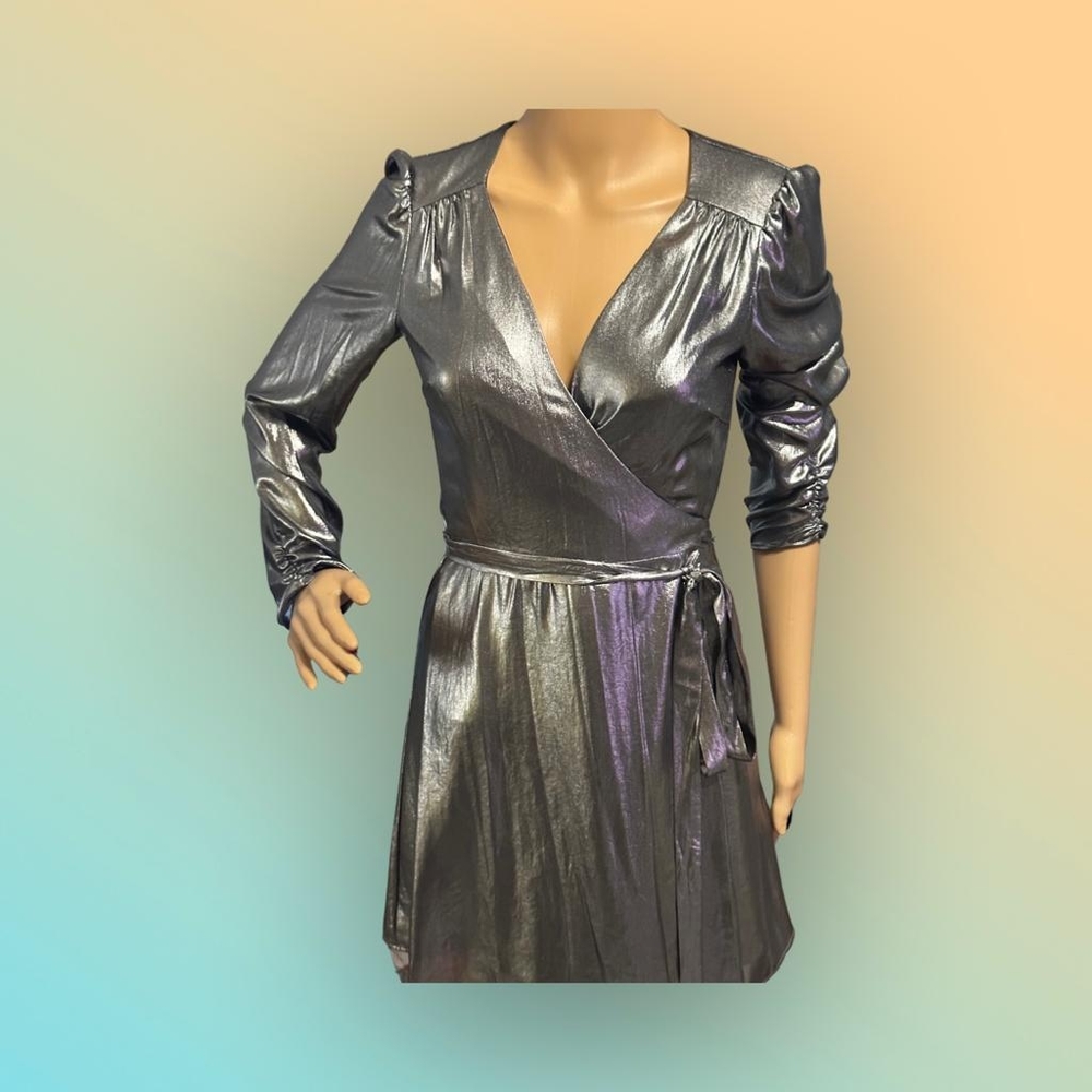 Gianni Bini Noa Metallic Lame V-Neck Long Sleeve A-Line Wrap Dress Size XS NWT